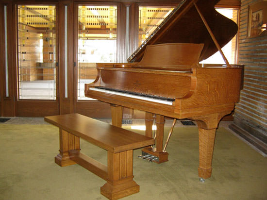 Steinway grand piano in the Martin House living room, courtesy Frank Lloyd Wright's Martin House